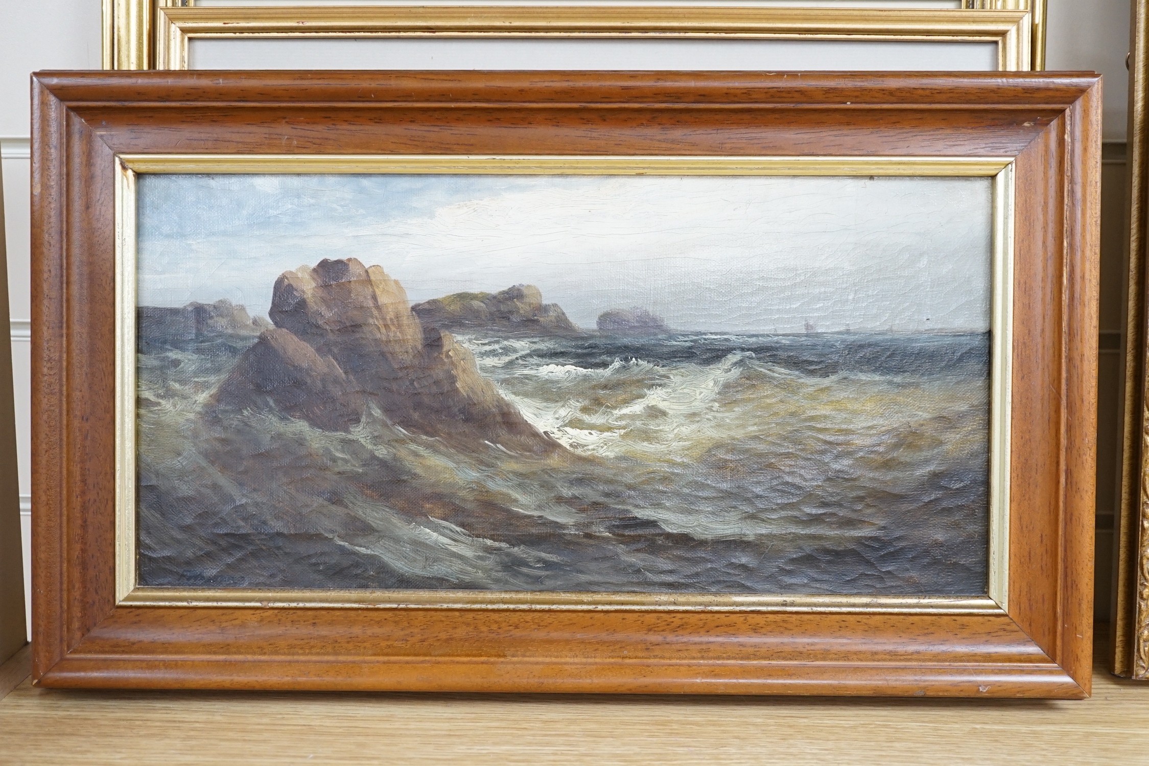 F. Walters, oil on canvas, Seascape, signed, 20 x 40cm, a watercolour of fisherfolk on the shore by H. Walter, 21 x 27cm, an Italian lake scene and an aquatint beach scene